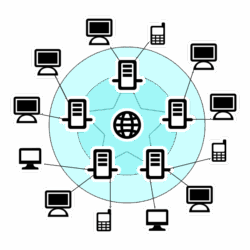Schematische Darstellung einer Weltkugel mit Computern